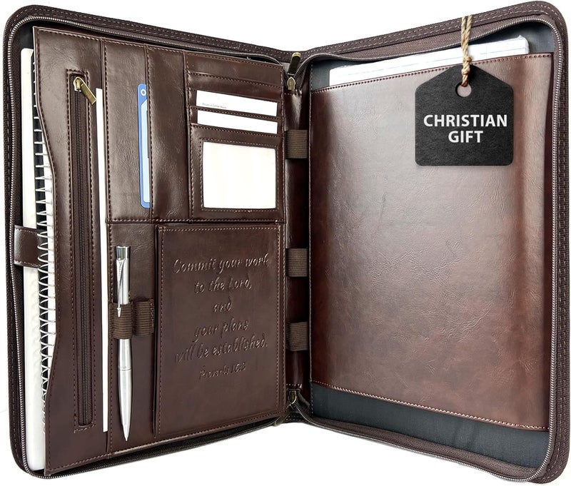 DEHITE Leather Portfolio for Men and Women - Christian Religious Gifts - Padfolio with Laptop Pocket - Letter Size Organizer for Bible Notebook Notepad - Brown Full Grain Zipper Binder - Image 1